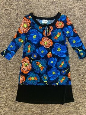 Leota Black Top with Blue, Orange & Green Floral Print